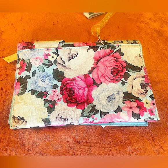 Pink & Blue Floral Bow Chain Strap Fold Over Medium Clutch Cross Body Bag - Picture 6 of 12